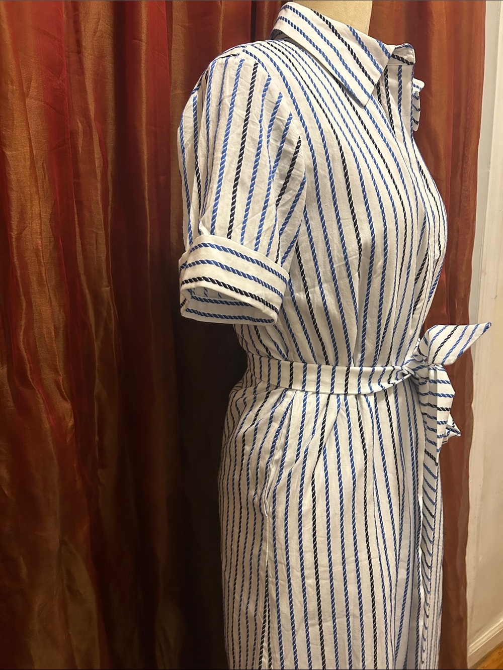 Tuckernuck White and Blue Striped Midi Shirt Dress with Tie Waist. fits large - Picture 4 of 8